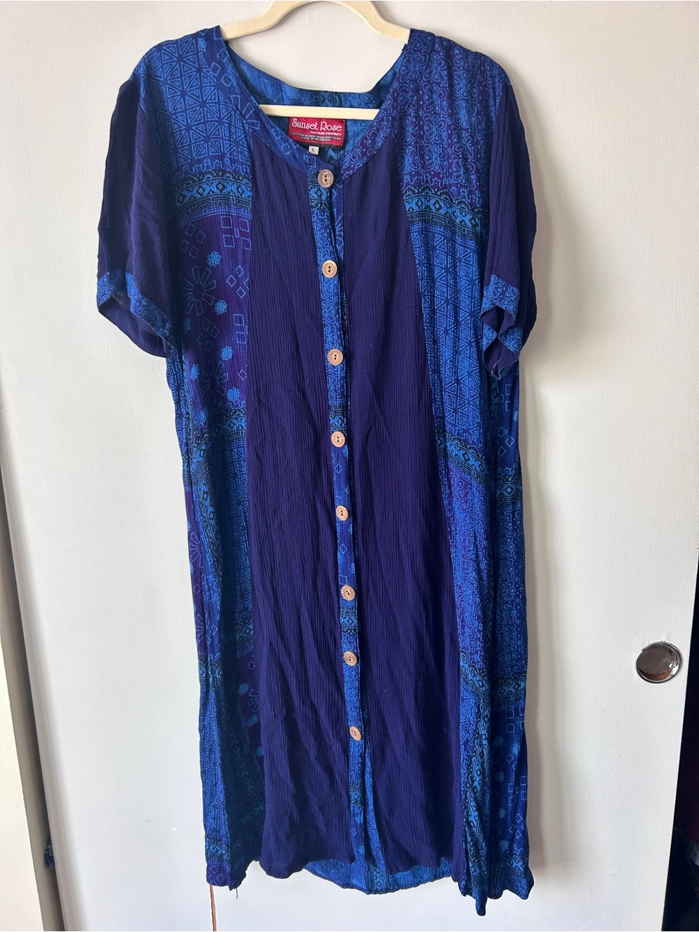 Hippie boho Blue Patterned Button-Front Midi Dress